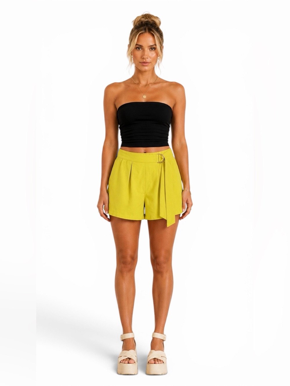 Milk & Honey – Wrap Skort Shorts Mini Skirt Pull-On Buckle Detail Yellow – Sz. S